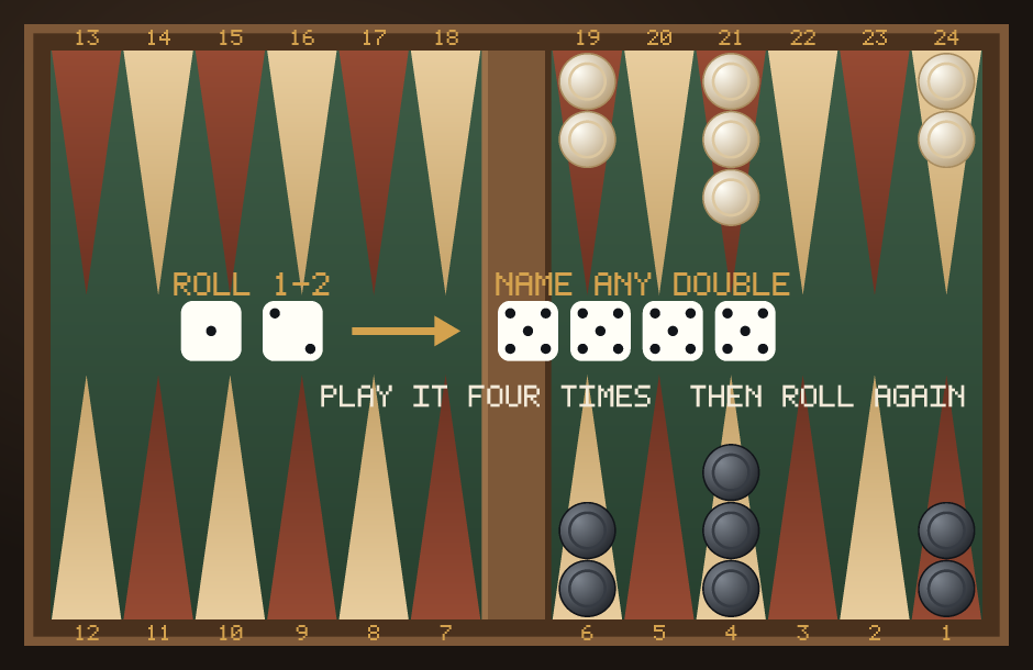 The acey-deucey bonus in three steps: the dice showing 1 and 2, an arrow, and four dice showing the double the player has named, with another roll to follow.