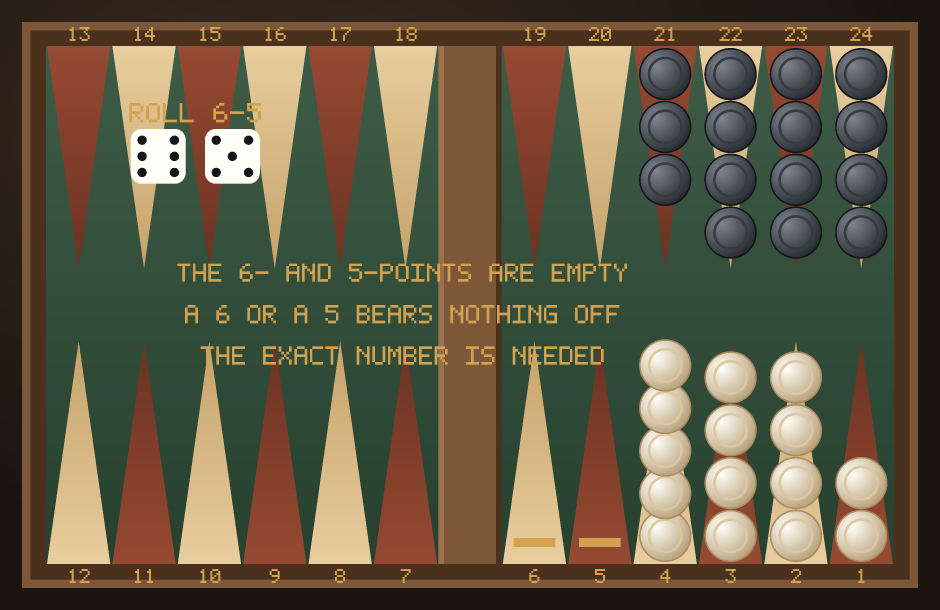 A white home board in acey-deucey with checkers on the 4-, 3-, 2- and 1-points and the 6- and 5-points empty, next to a roll of 6-5: neither die bears a checker off because acey-deucey needs the exact number.