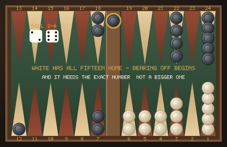 Turn 111: White has all fifteen checkers in the home board and begins bearing off, which in acey-deucey requires the exact number.