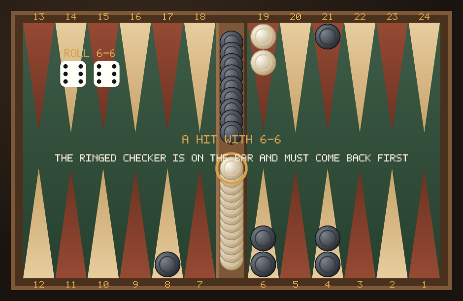 Turn six: black rolls double sixes and hits a lone white checker, which now sits on the bar ringed in gold and must re-enter before White may move anything else.