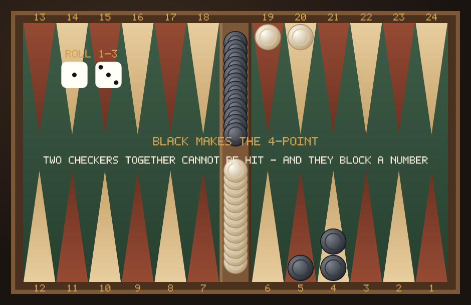 Turn three of the same acey-deucey game: black has put two checkers together on the 4-point, which cannot be hit and blocks a number.