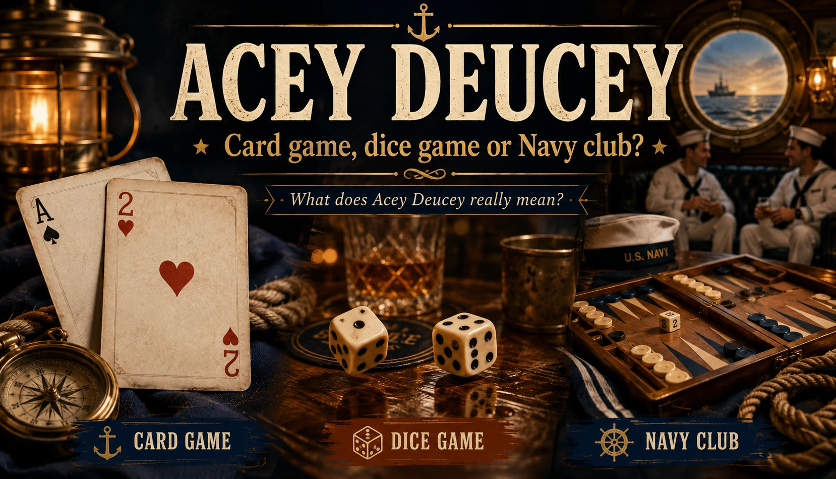 An ace and a two beside two dice and a backgammon board, with sailors in the background: the three things most often called acey-deucey.