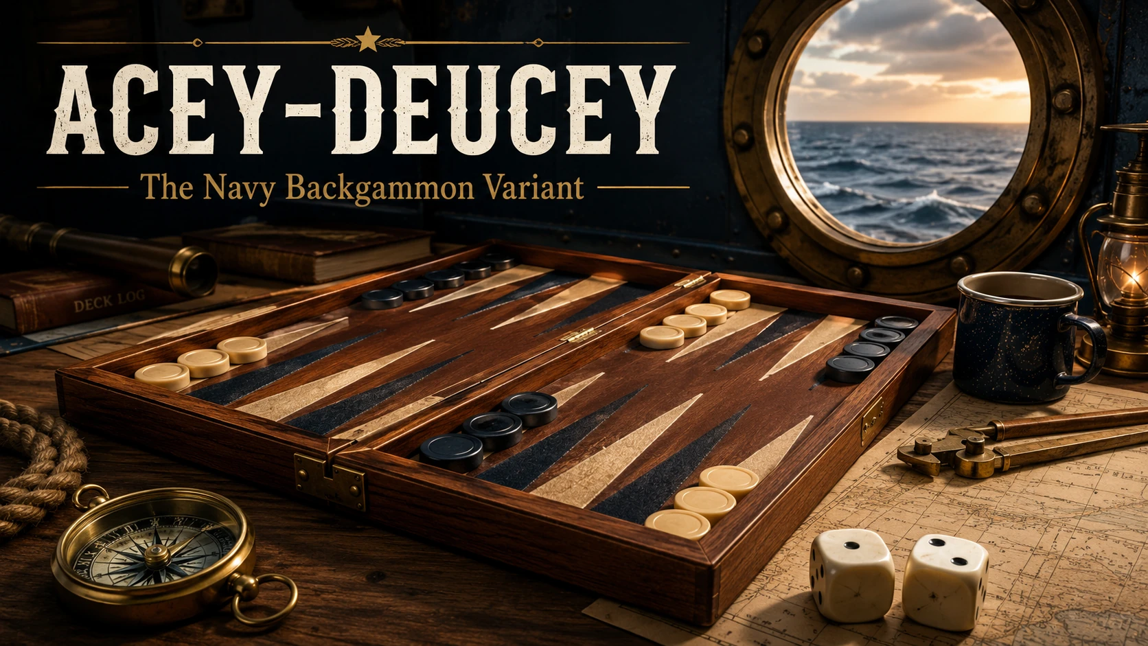 A wooden backgammon board set up for acey-deucey on a ship's table, with a brass porthole looking out to sea, a compass, a deck log and two dice showing a 1 and a 2 — the roll the game is named after.