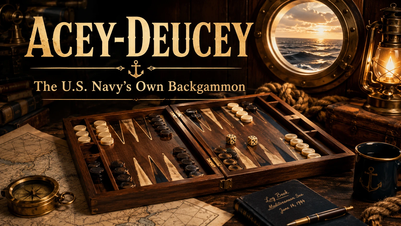 A backgammon board set up for acey-deucey aboard ship, with a brass porthole, a deck log, a compass and dice — the setting in which the U.S. Navy played the game for a century.