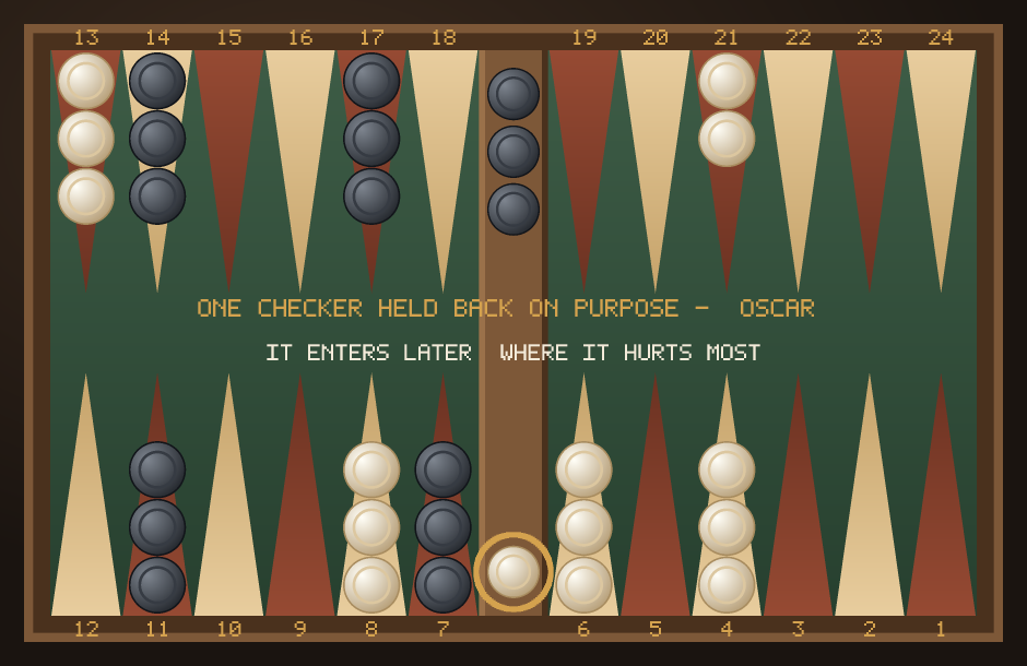 An acey-deucey middle game where ivory has one checker still in hand, ringed in gold, while the rest of its army is already well advanced around the board.