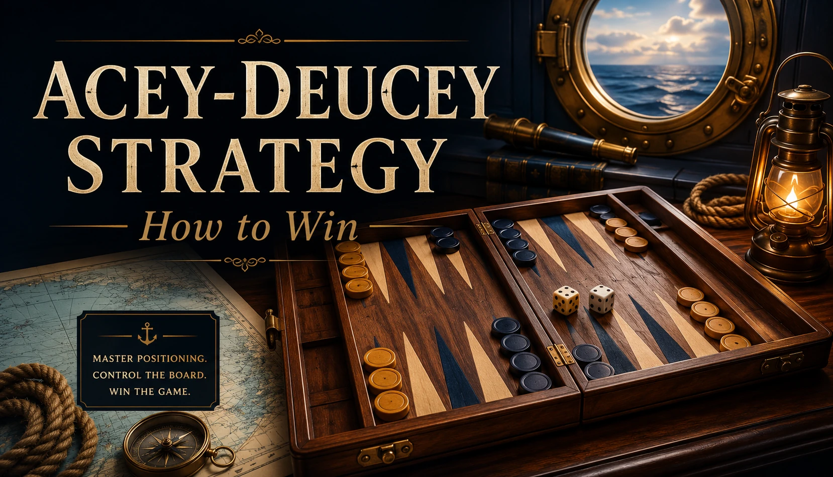 A wooden backgammon board set up for acey-deucey with dice and checkers, lit like a study — the setting for a game about position rather than luck.