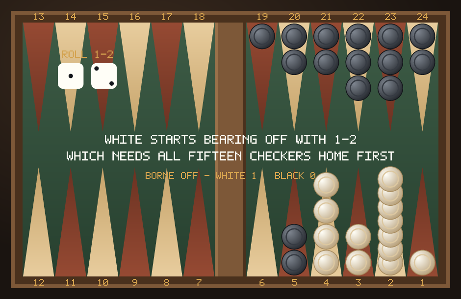 Backgammon first game, turn 31: White has all fifteen checkers in the home board and has begun bearing off, while two Black checkers still hold an anchor on White's 5-point.
