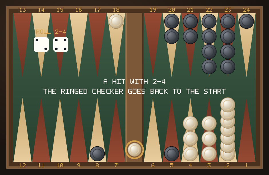 Backgammon first game, turn 24: Black has hit a White blot; the White checker sits on the bar in the middle of the board, ringed in gold.