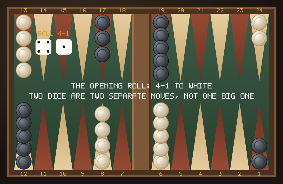Backgammon first game, turn 1: the opening roll of 4 and 1 has been played by White, with the dice shown beside the board and the points numbered 1 to 24.