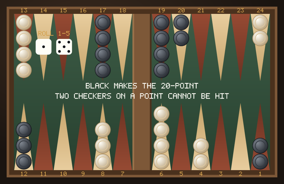 Backgammon first game, turn 4: Black has moved two checkers onto the point marked 20, making it, with the dice showing 1 and 5.