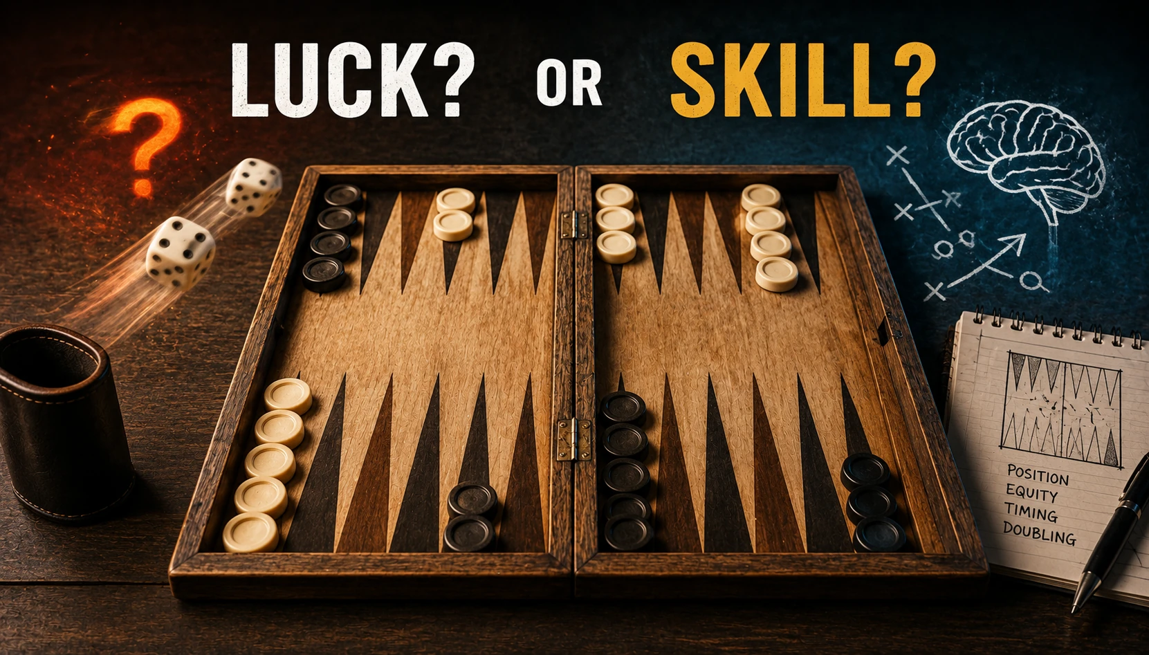 A wooden backgammon board between two ideas: on the left, dice tumbling from a leather cup under a glowing question mark; on the right, a chalkboard brain with strategy arrows and a notebook listing position, equity, timing and doubling.