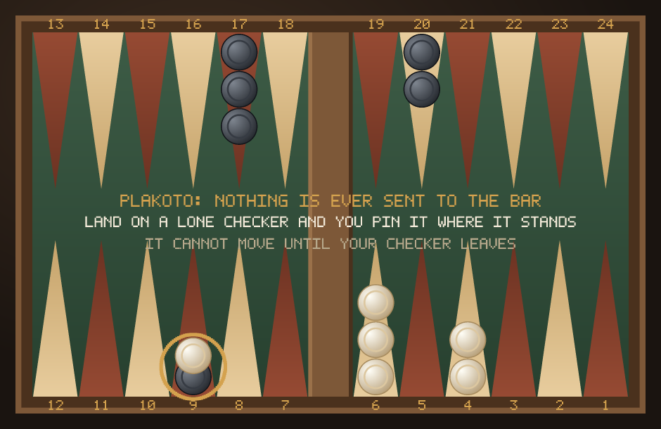 A backgammon board showing plakoto pinning: an ivory checker sitting on top of a lone dark checker on the 9 point, which cannot move until the ivory checker leaves.