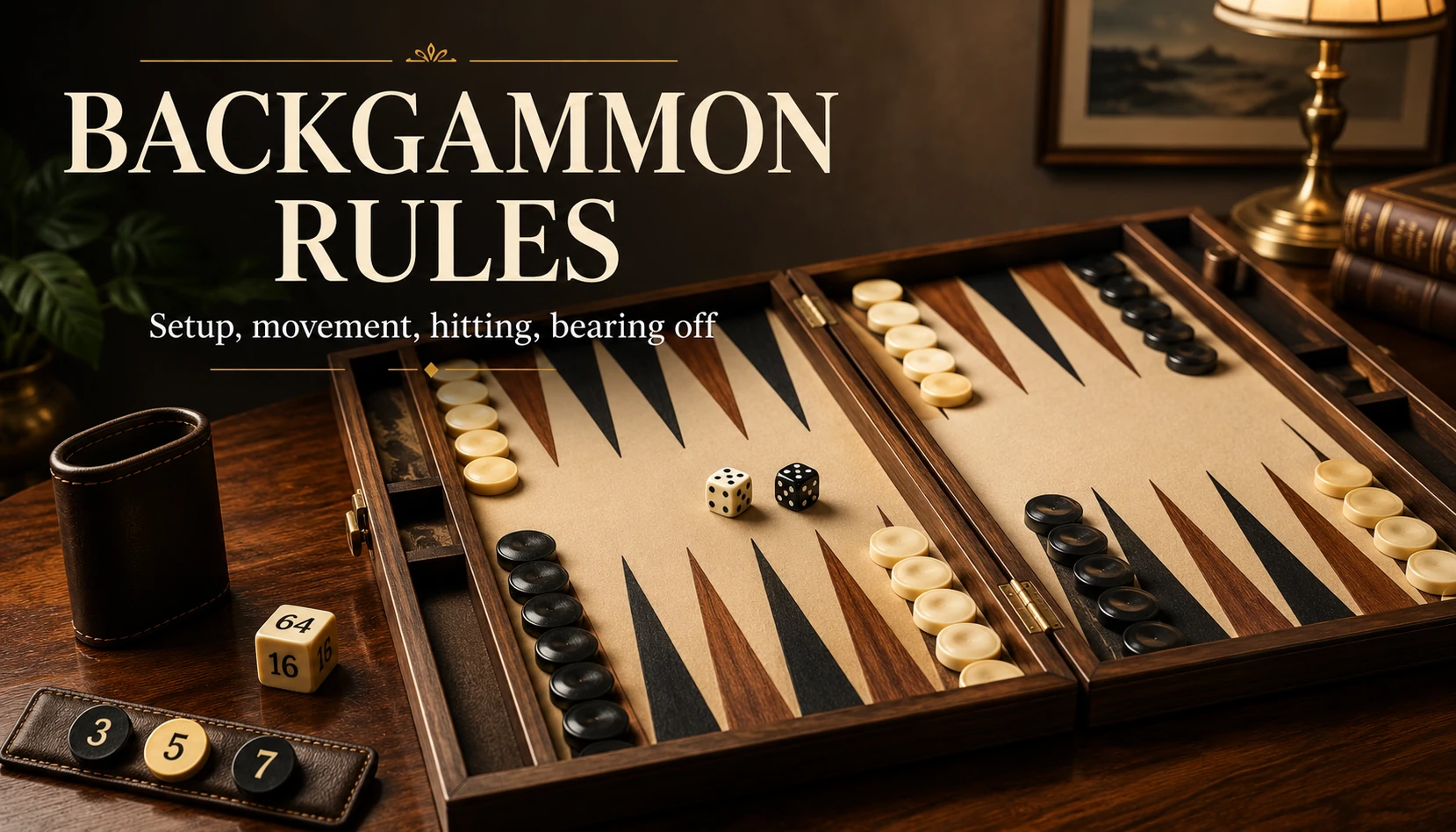 A wooden backgammon board set up in the standard starting position with a leather dice cup, two dice and a doubling cube showing 64 — the equipment the rules of backgammon describe.