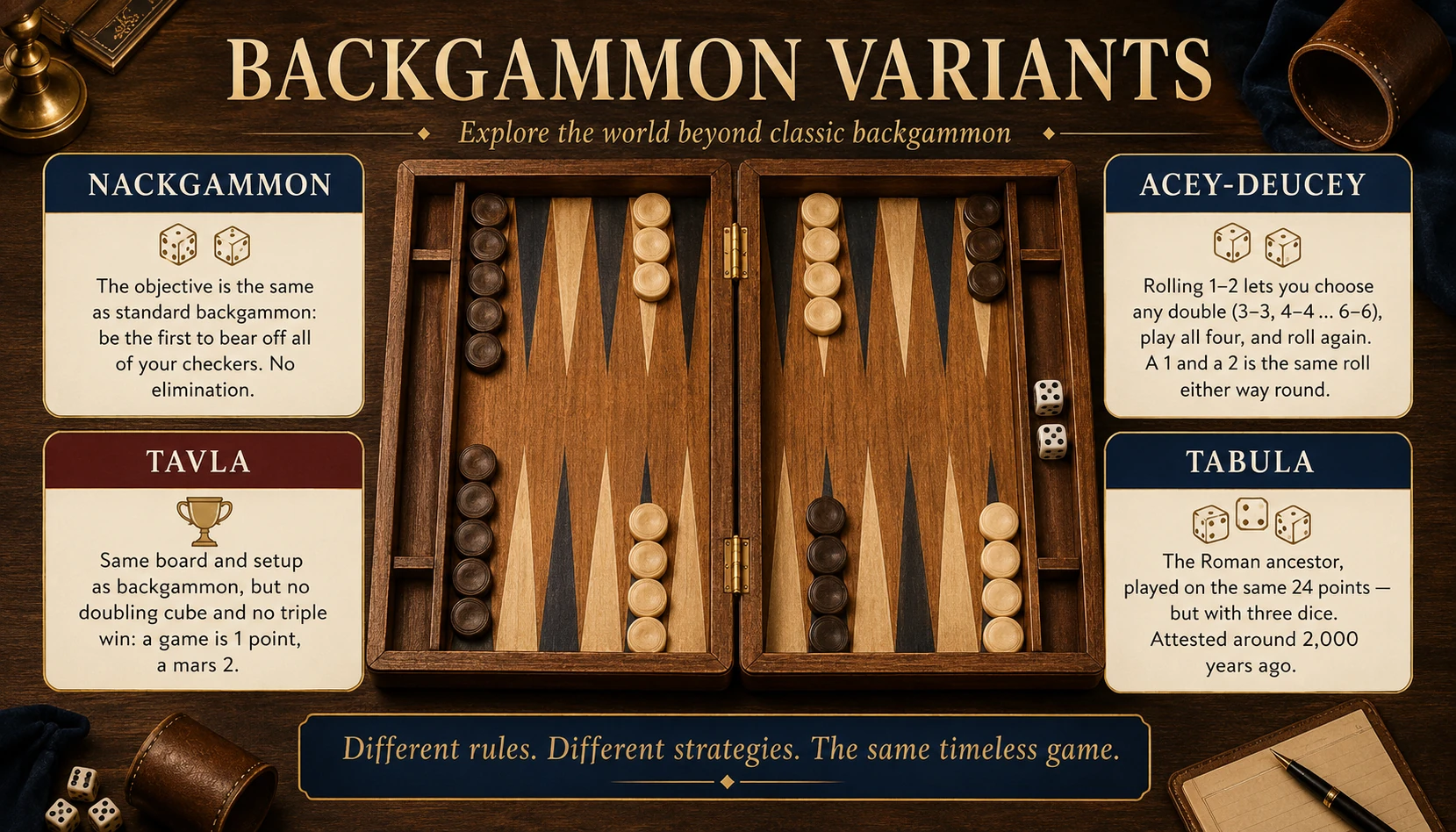A wooden backgammon board with four labelled cards around it: Nackgammon, which is won by bearing off with no elimination; Acey-deucey, where a 1-2 lets you choose any double and roll again; Tavla, played without a doubling cube and with no triple win; and Tabula, the Roman ancestor played on the same 24 points with three dice.
