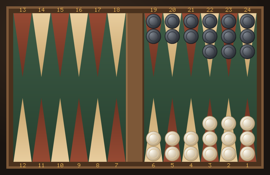 A backgammon bear-off position: both players have all fifteen checkers in their home boards and are removing them.