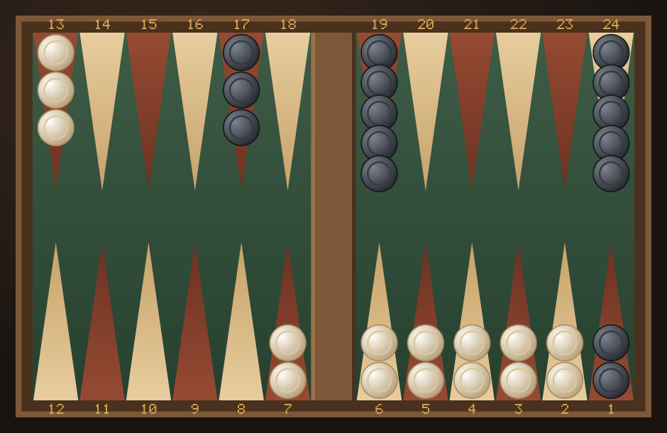 A backgammon board showing a six-point prime on points 2 through 7, with two dark checkers trapped on the 1-point behind it.