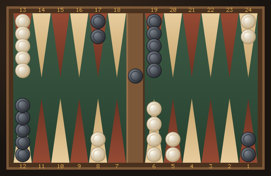 A backgammon board where White has hit a Black checker; the hit Black checker now sits on the bar in the middle of the board.