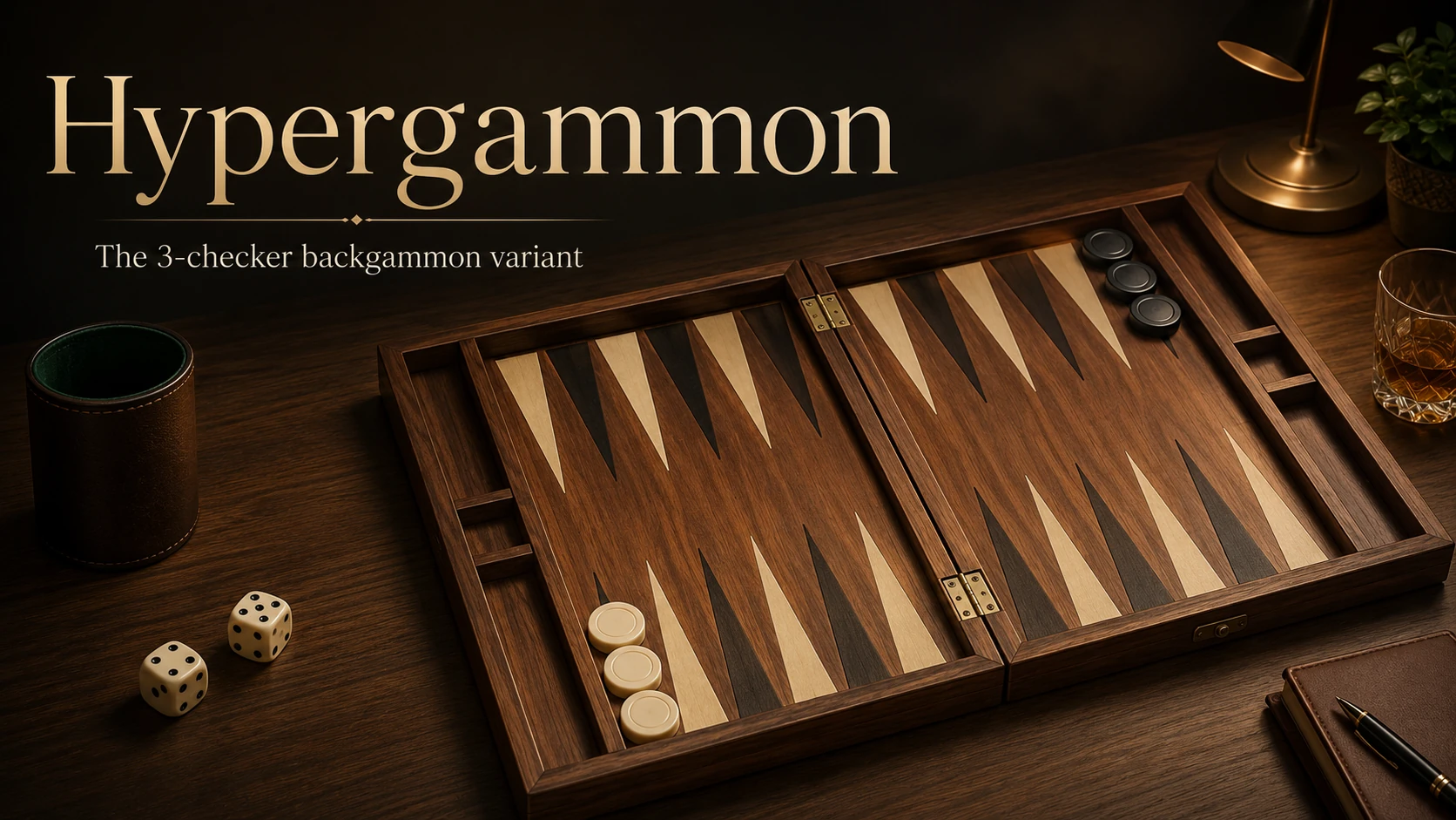 A wooden backgammon board set up for Hypergammon on a desk with a leather dice cup and two dice: each side has only three checkers, standing on the three points furthest from home.