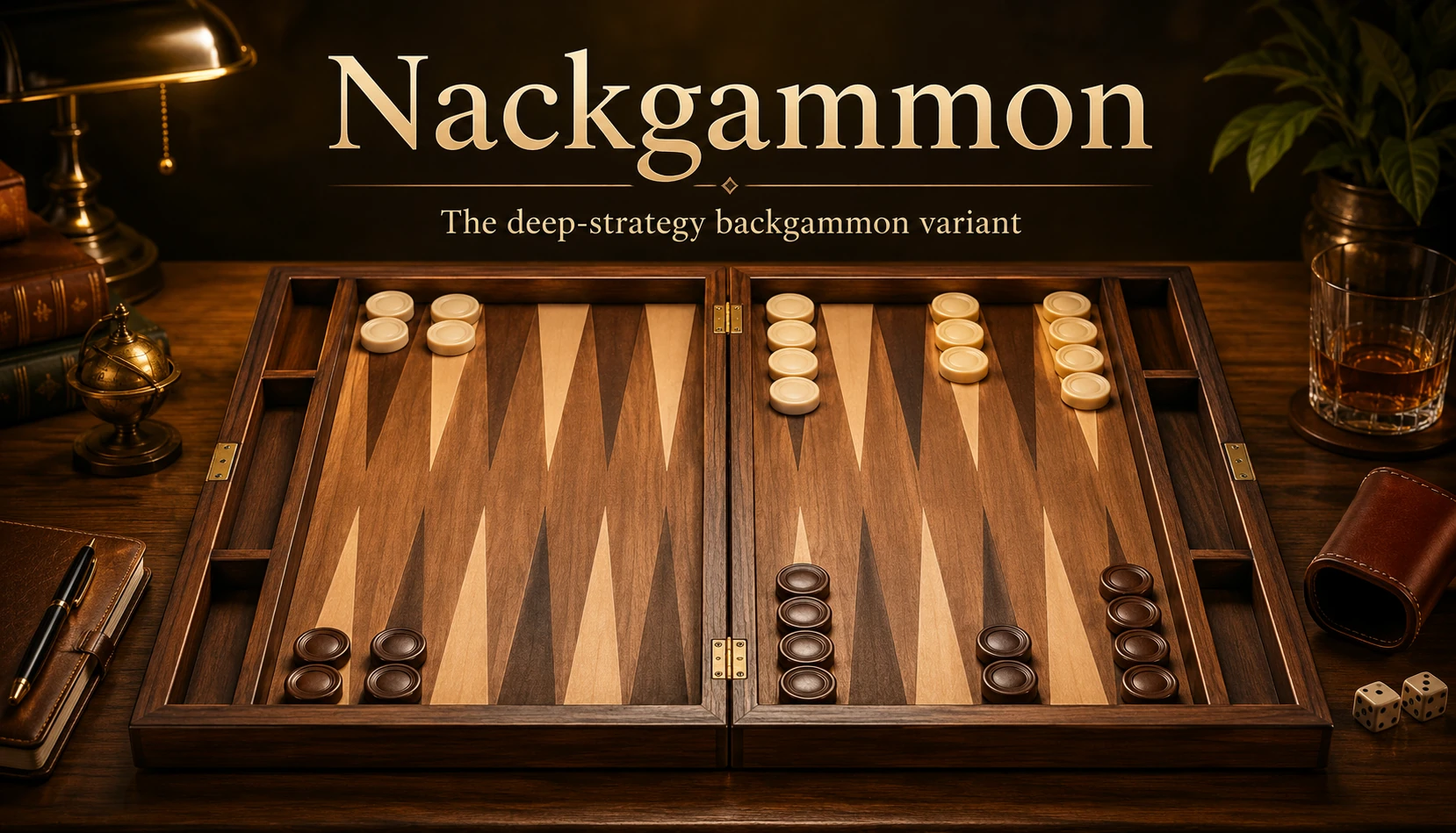 A wooden backgammon board set up for Nackgammon on a desk with a brass lamp, dice and a leather dice cup: each side has two checkers on the 24-point and two on the 23-point, four on the 13-point, three on the 8-point and four on the 6-point.